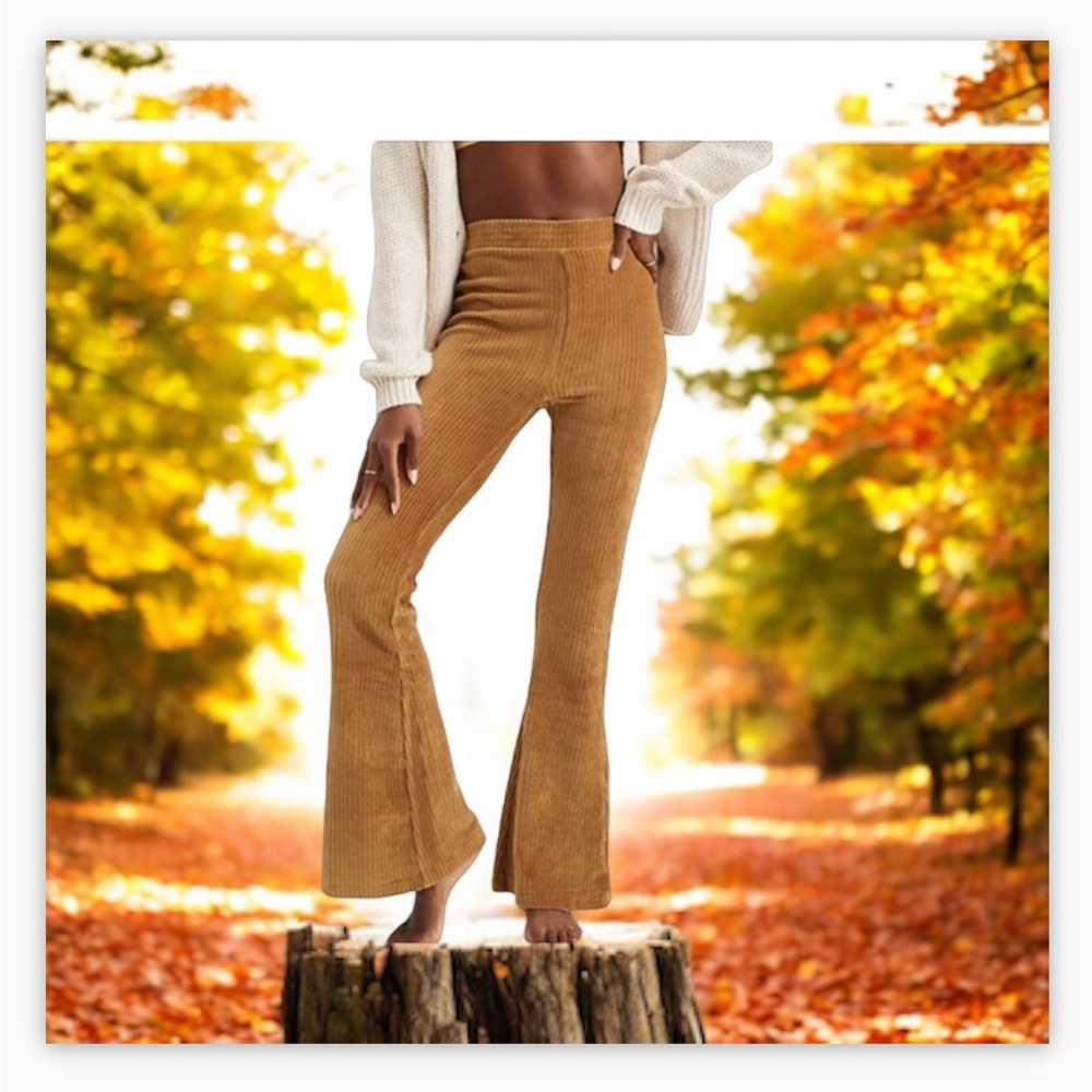 - AERIE GROOVE-ON RIB VELOUR FLARE PANT-Stretch waist Sz Xl rusty tan-…